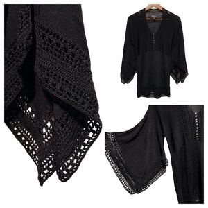 KASPER Black Crochet Boho Goth Bell Sleeve Witchy Romantic Top Whimsigoth Fairy